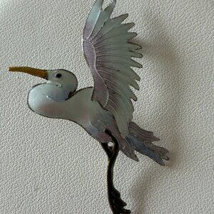 Vintage, Guilloche, Sterling Silver White Heron Or Stork Bird Brooch